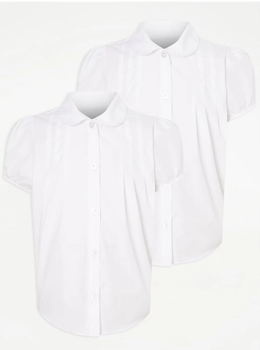 "George at Asda Girls' 2-Pack White Pintuck Short Sleeve School Shirts for School Uniforms"