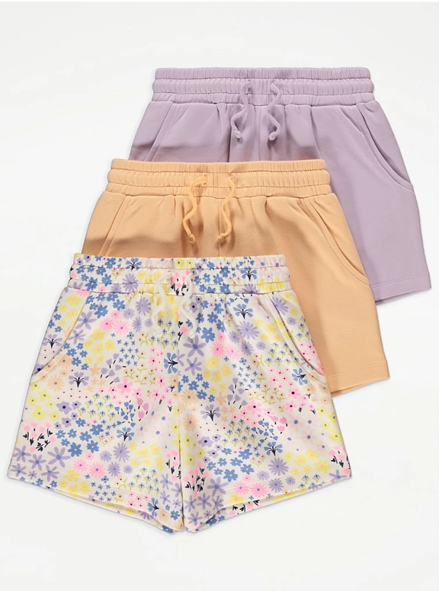 "George at Asda Girls' Ditsy Floral Jersey Shorts 3-Pack | Comfortable & Stylish Kids' Shorts"