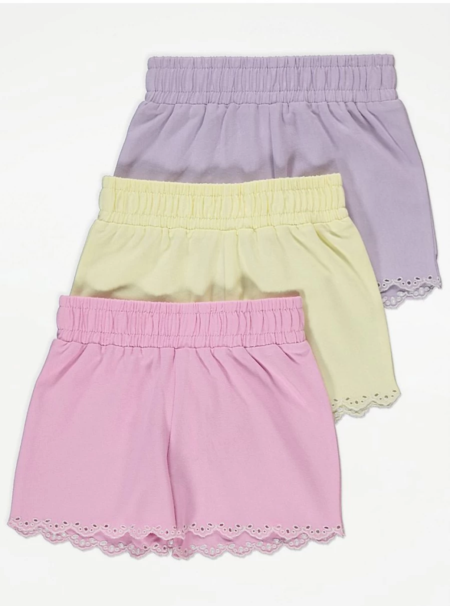 "George at Asda Girls' Pastel Embroidered Hem Shorts 3-Pack | Soft Cotton Summer Shorts for Kids"