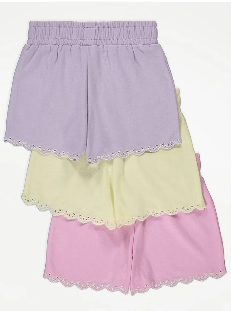 "George at Asda Girls' Pastel Embroidered Hem Shorts 3-Pack | Soft Cotton Summer Shorts for Kids"