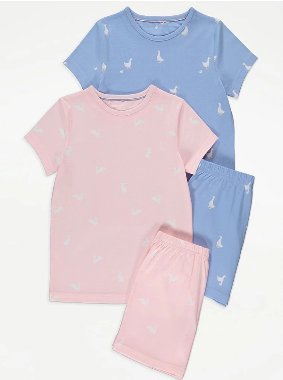 Girls' Pastel Goose & Bunny 2-Pack Pajama Set | George at Asda | Soft Short PJs for Kids