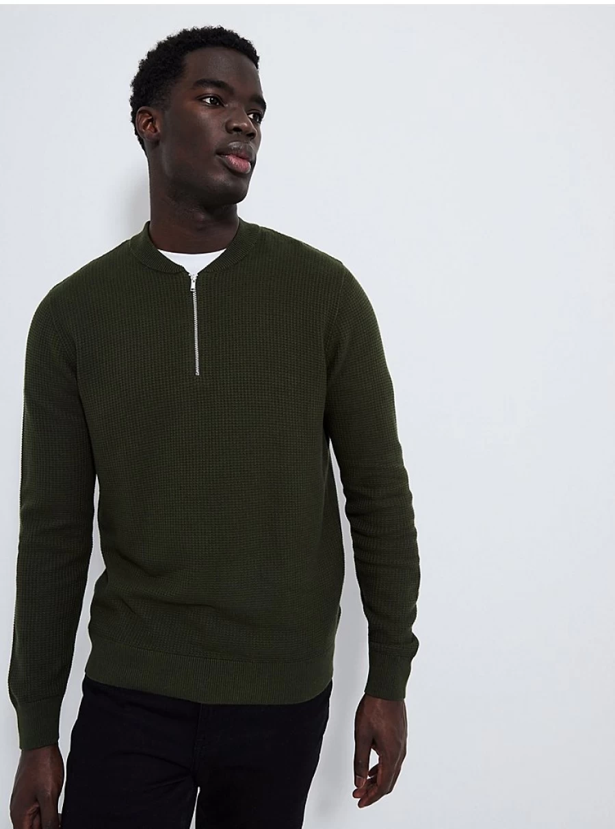 Men's Khaki Textured Zip Neck Jumper | George at Asda | Comfortable & Stylish Pullover