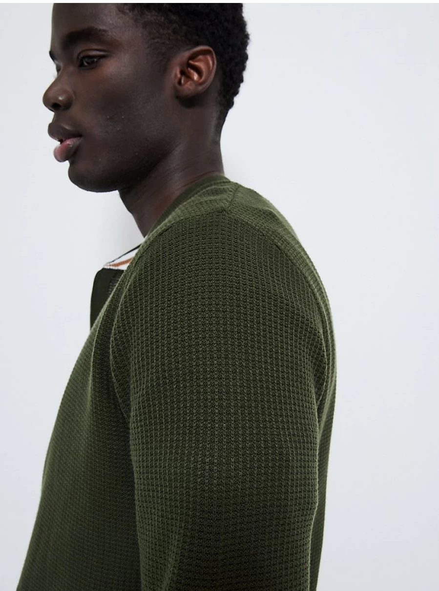 Men's Khaki Textured Zip Neck Jumper | George at Asda | Comfortable & Stylish Pullover