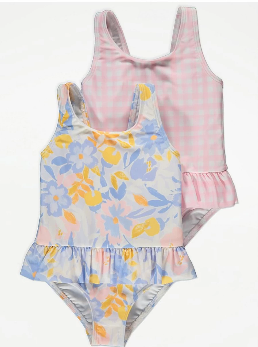 2 Pack Floral Gingham Frill Swimsuits for Girls | George at Asda