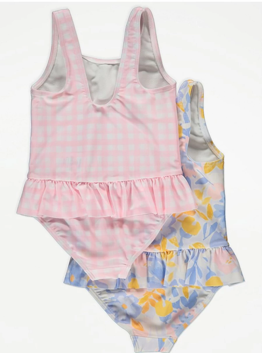 2 Pack Floral Gingham Frill Swimsuits for Girls | George at Asda