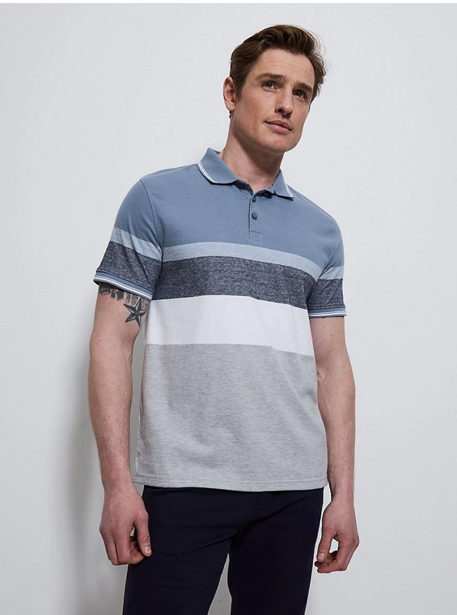 Men's Blue Striped Short Sleeve Polo Shirt | George at Asda