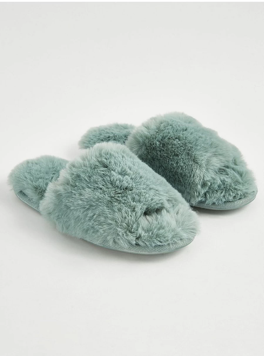 George at Asda Green Faux Fur Slide Slippers - Cozy Indoor & Outdoor Comfort