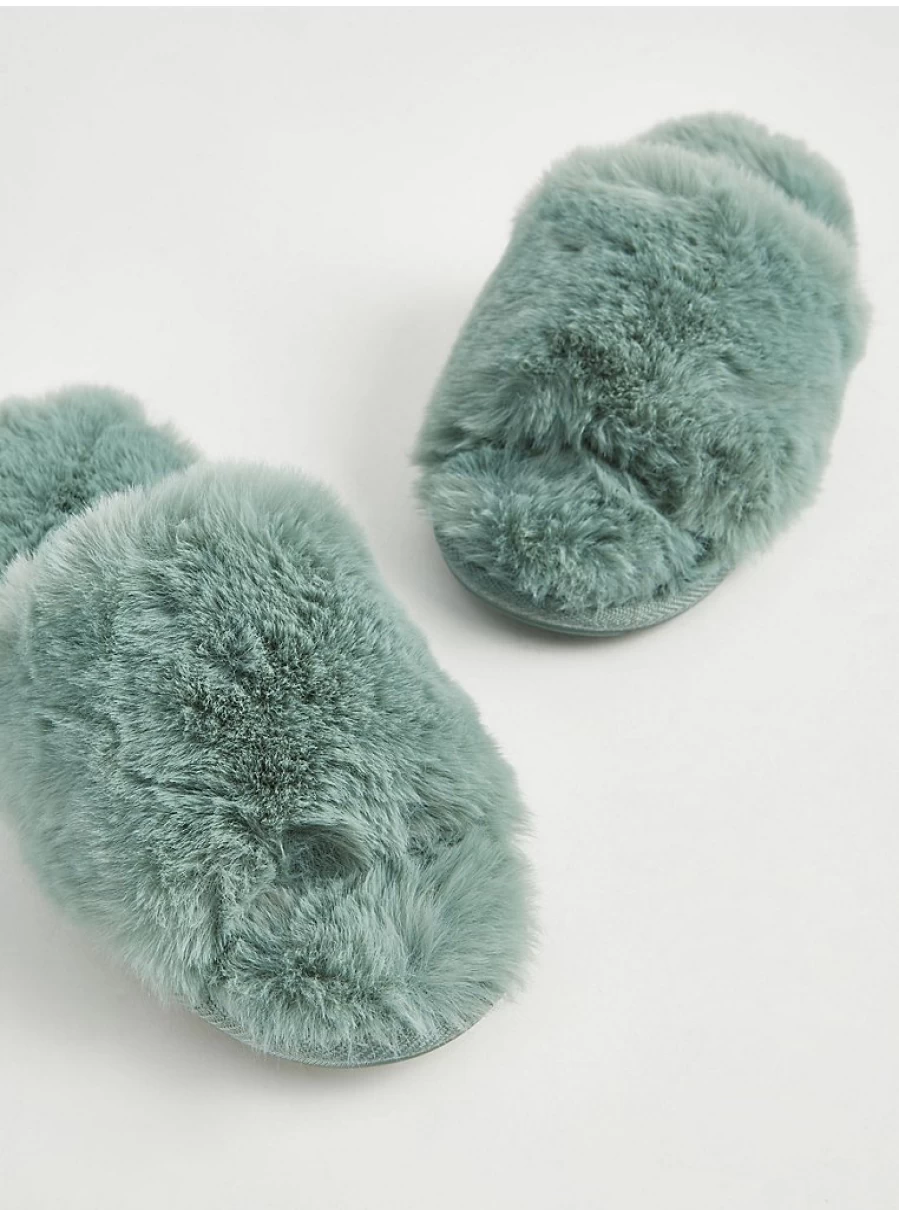 George at Asda Green Faux Fur Slide Slippers - Cozy Indoor & Outdoor Comfort