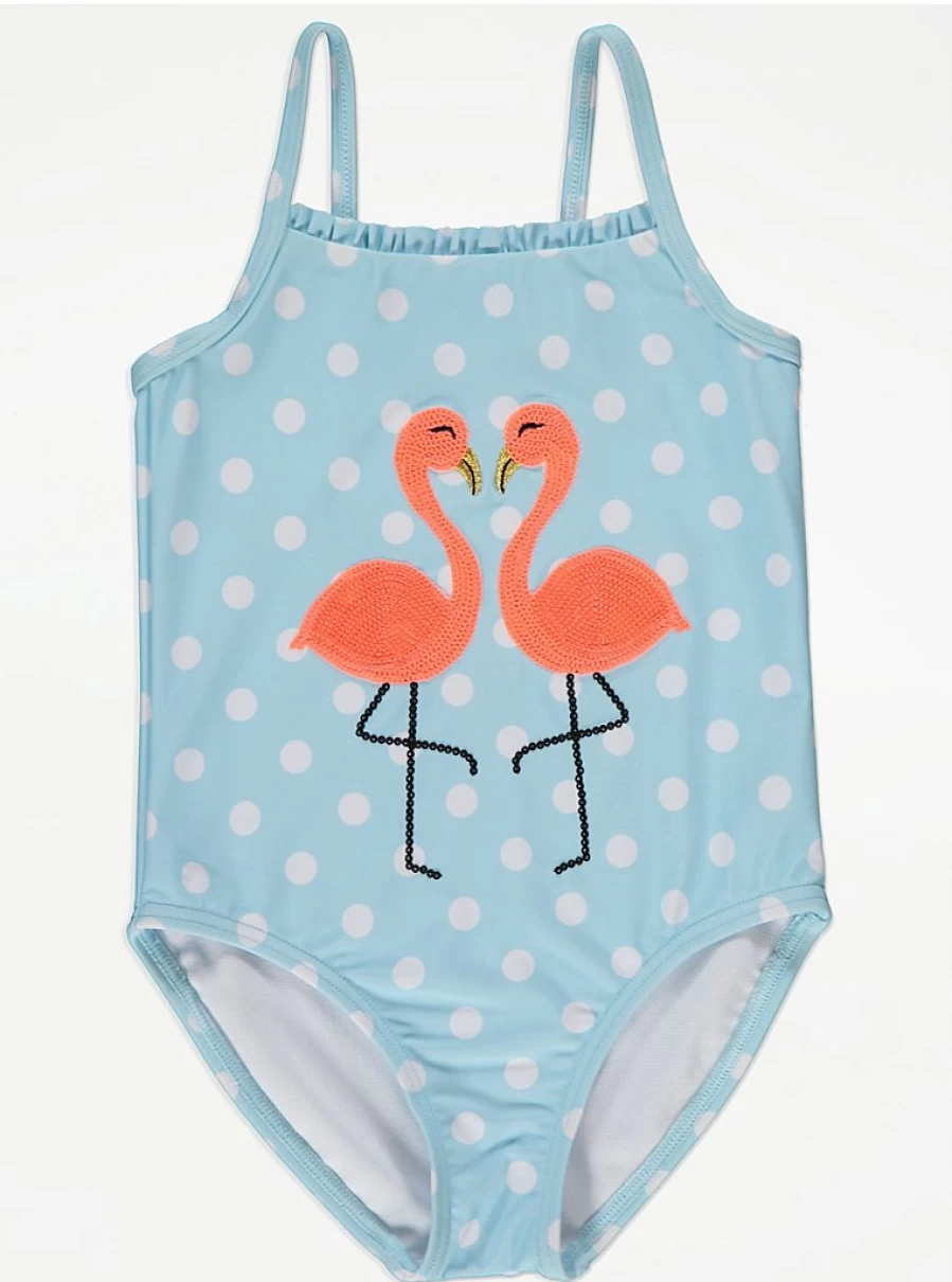 Girls' Blue Polka Dot Sequin Flamingo Swimsuit | George at Asda | Kids' Swimwear Reviews