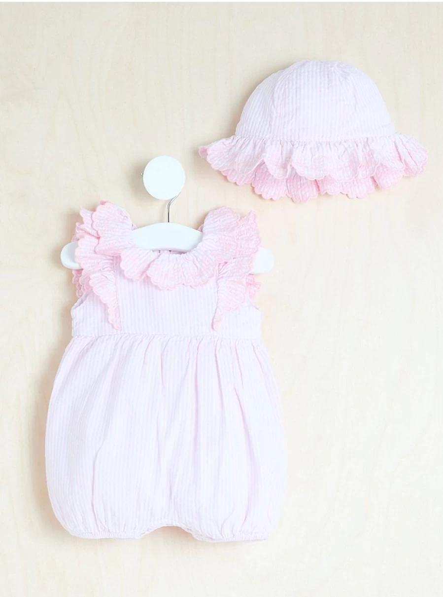 "George at Asda Baby Girls' Pink Stripe Embroidered Romper and Sunhat Outfit Set"