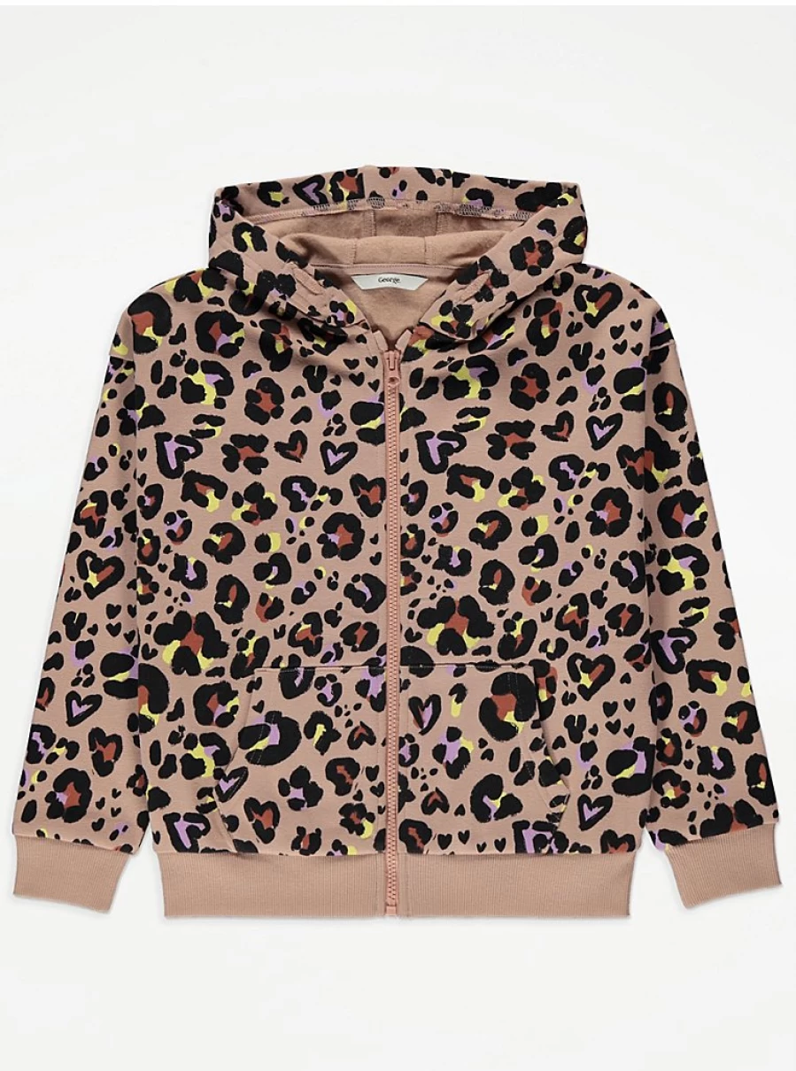 "George at Asda Kids Brown Leopard Print Zip Up Hoodie | Warm Fleece Pullover | Animal Print Jacket"