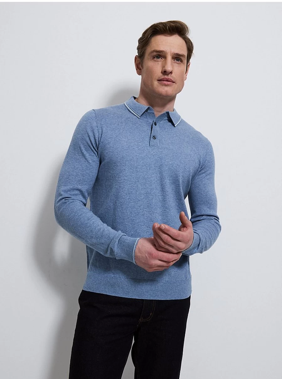 Men's Dark Blue Long Sleeve Knit Polo Shirt | George at Asda