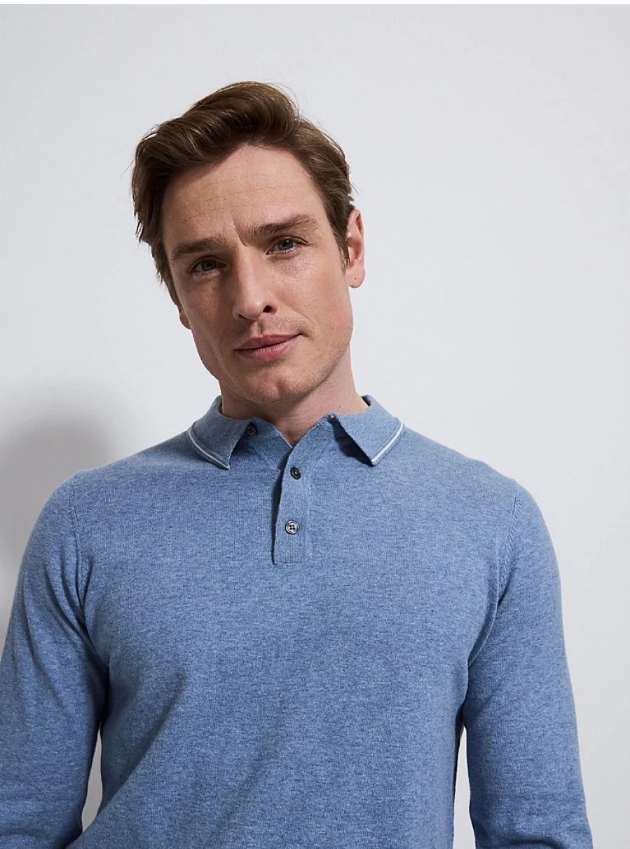 Men's Dark Blue Long Sleeve Knit Polo Shirt | George at Asda