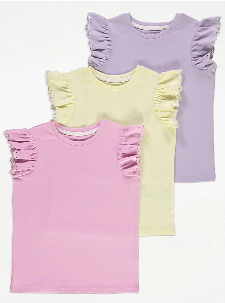 Pastel Broderie Frill Sleeve Tops 3 Pack for Girls | George at Asda | Cute Embroidered Blouses