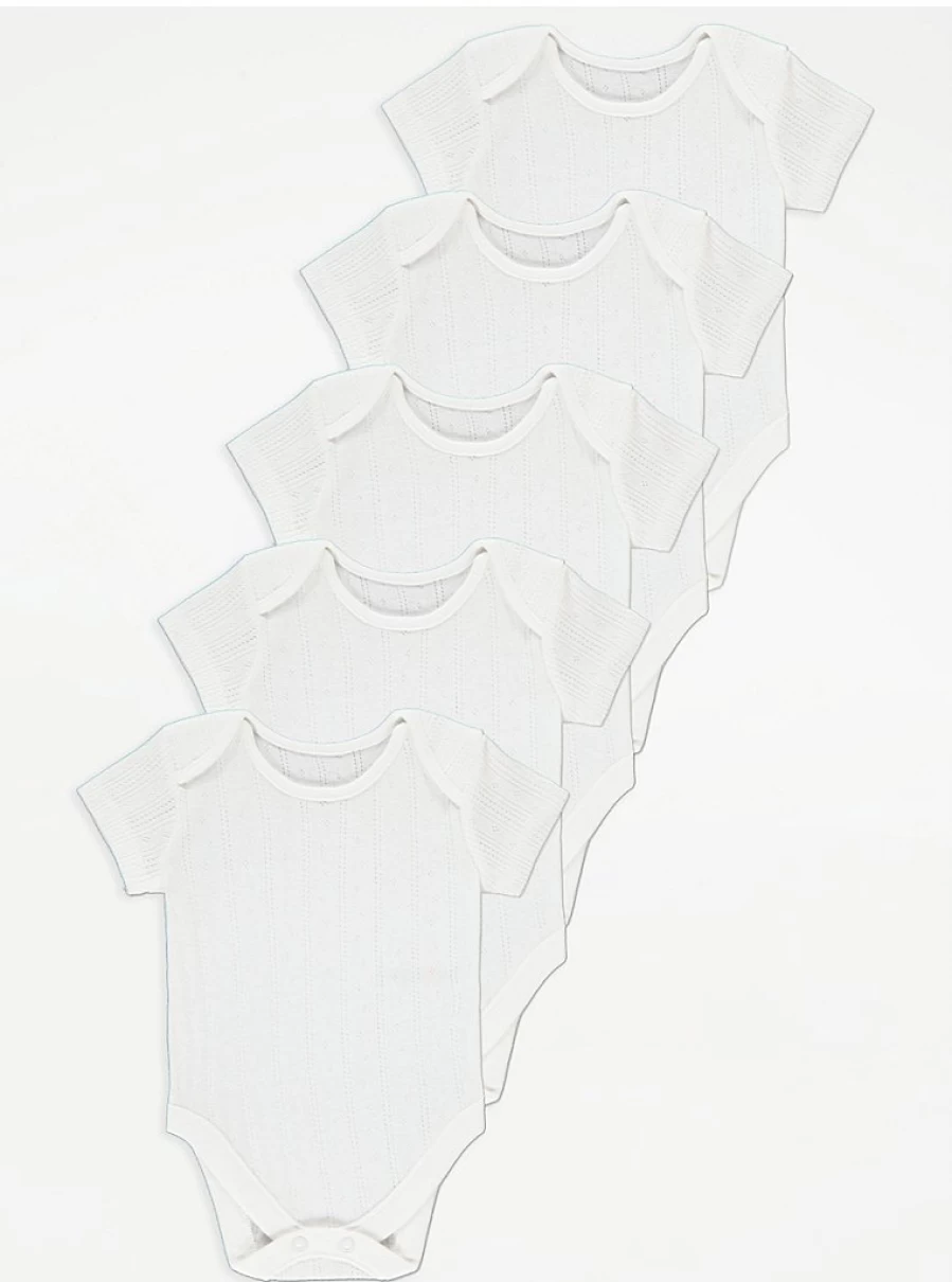 "George at Asda Baby White Pointelle Short Sleeve Bodysuits 5-Pack | Soft Cotton Infant Onesies"