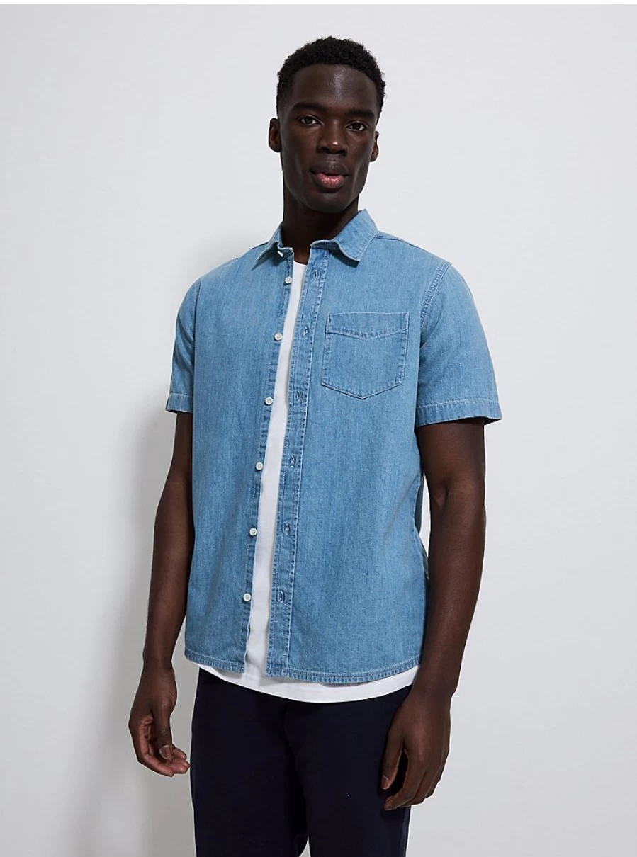 Men's Light Blue Denim Casual Short Sleeve Shirt | George at Asda