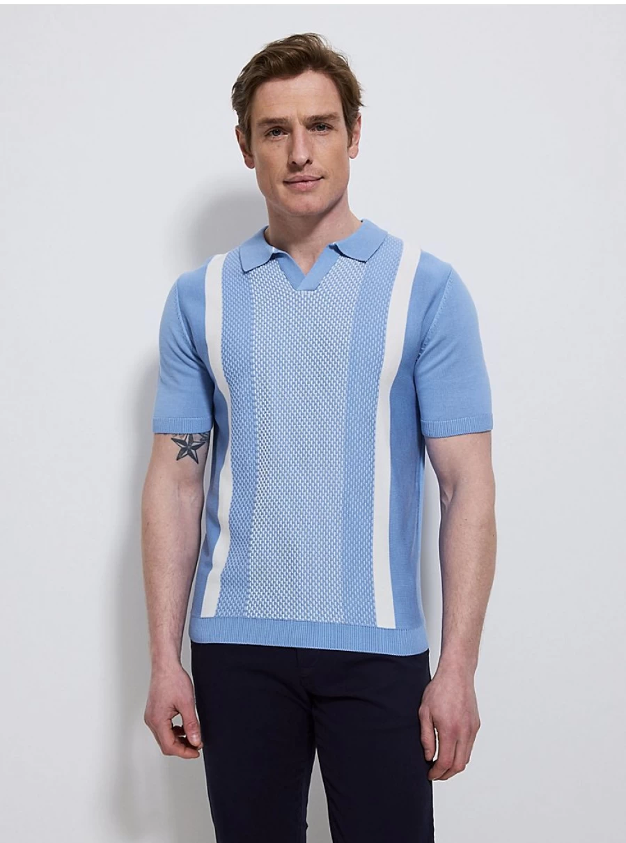 "George at Asda Men's Light Blue Block Pattern Short Sleeve Knitted Polo Shirt"