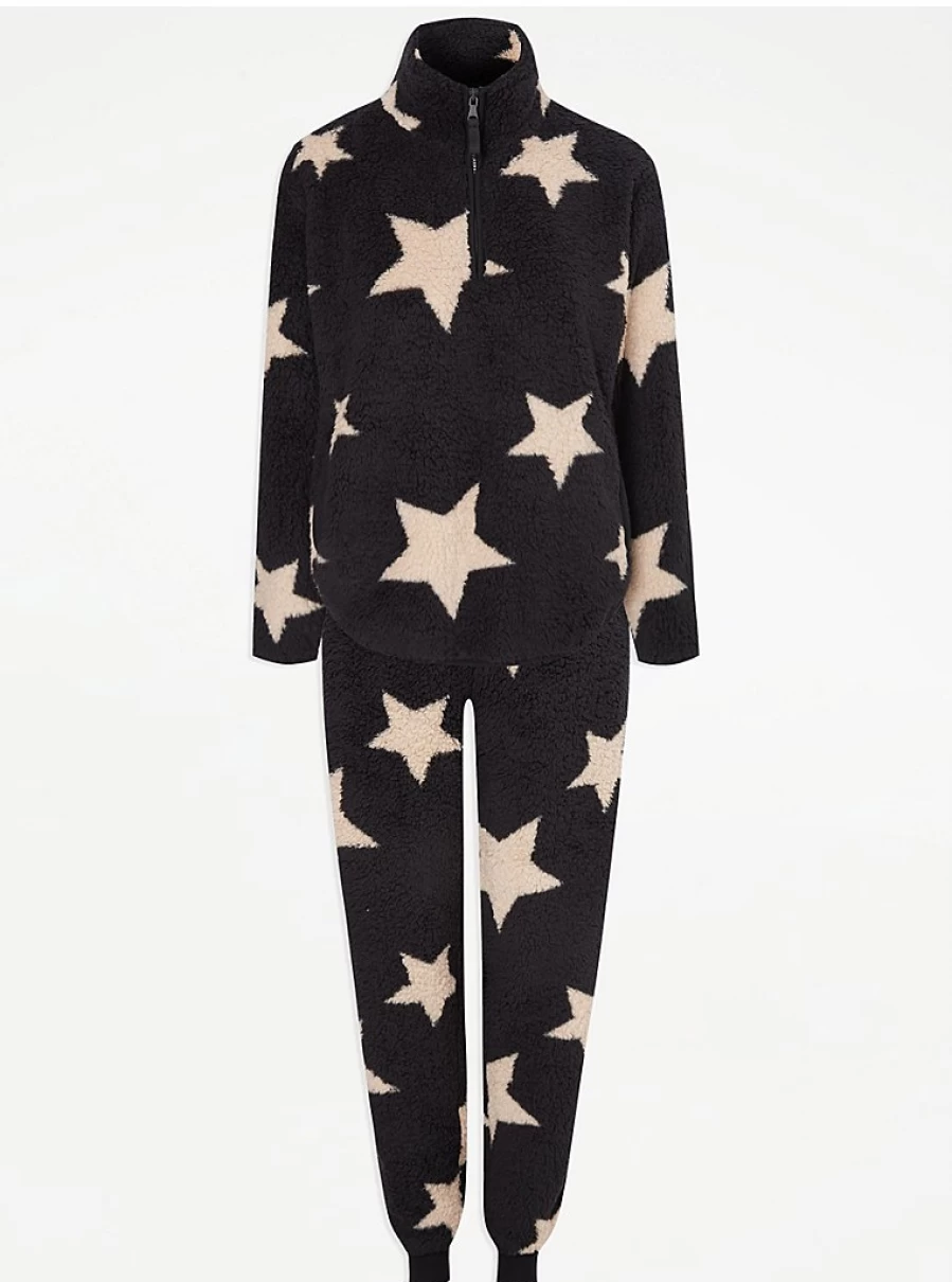 "George at Asda Black Borg Fleece Star Zip Jumper Pyjamas - Warm & Comfortable Sleepwear"