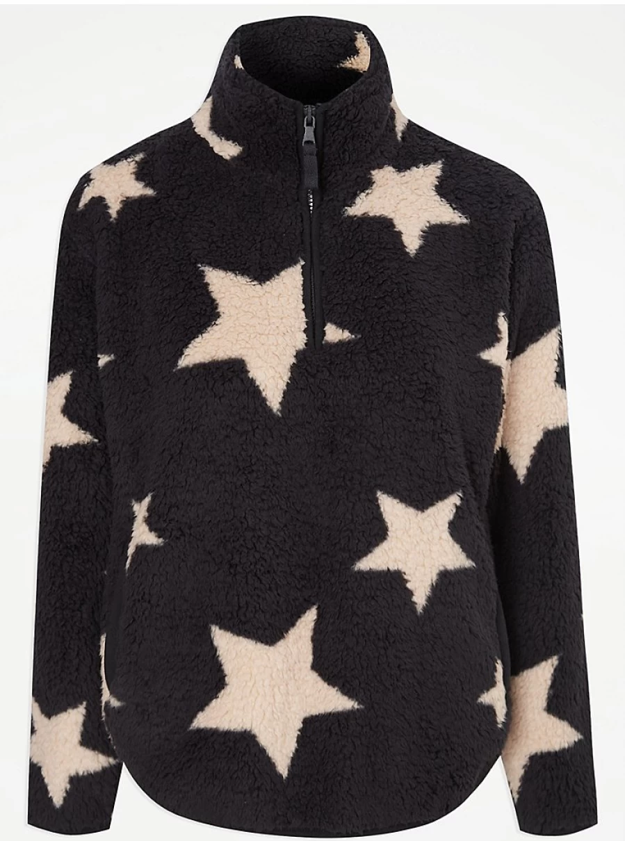 "George at Asda Black Borg Fleece Star Zip Jumper Pyjamas - Warm & Comfortable Sleepwear"