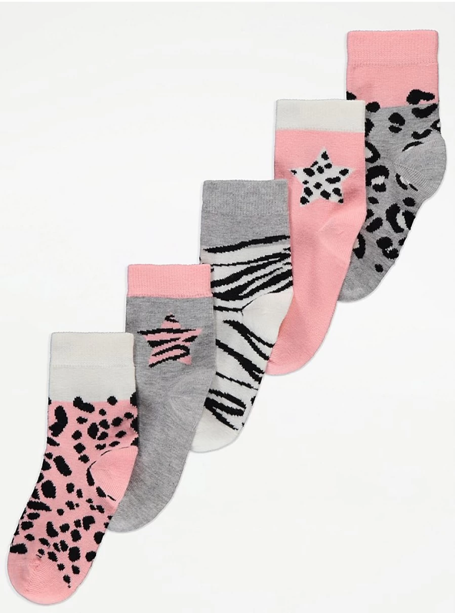 "George at Asda Kids' Pink Animal Print Ankle Socks 5-Pack | Soft & Fun"