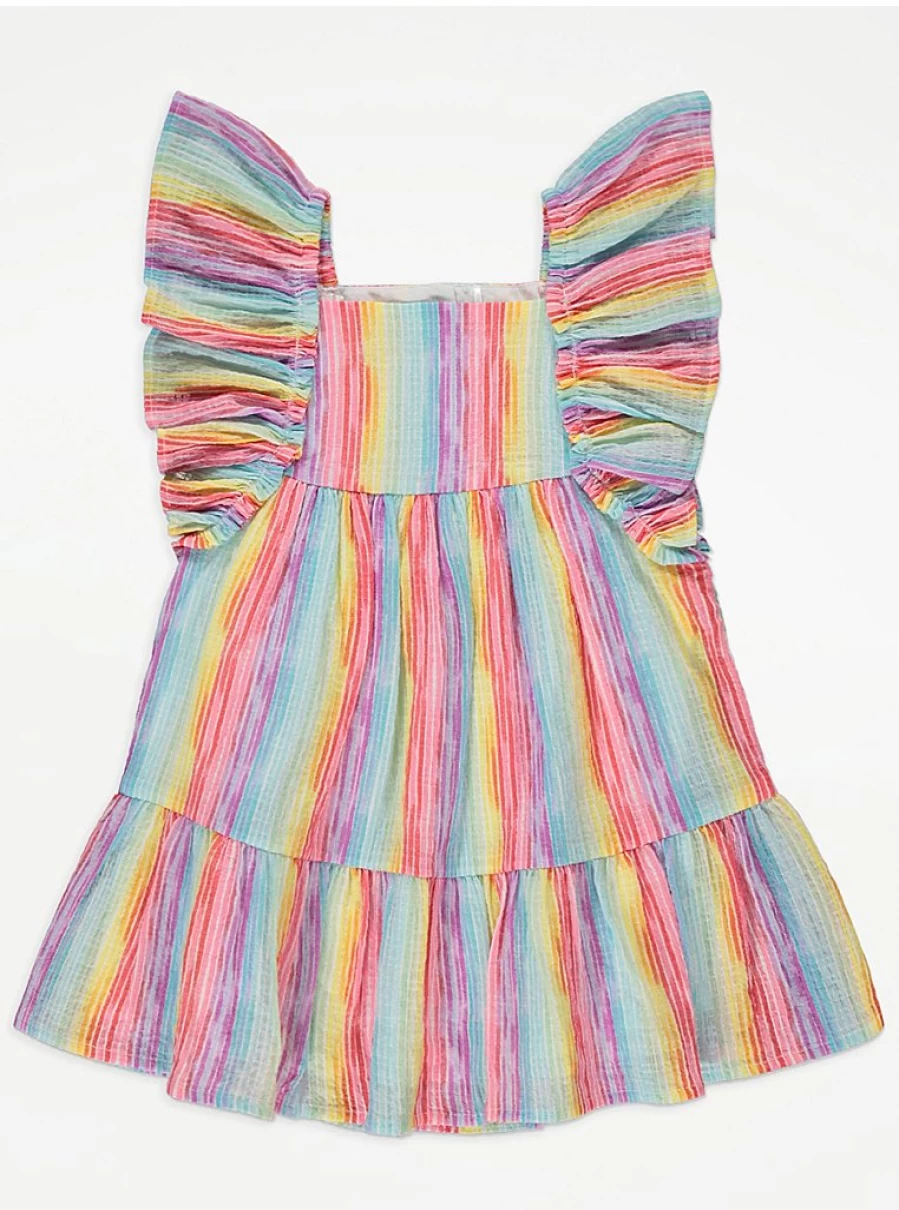 Girls' Rainbow Stripe Tiered Dress with Big Frill Sleeves | George at Asda