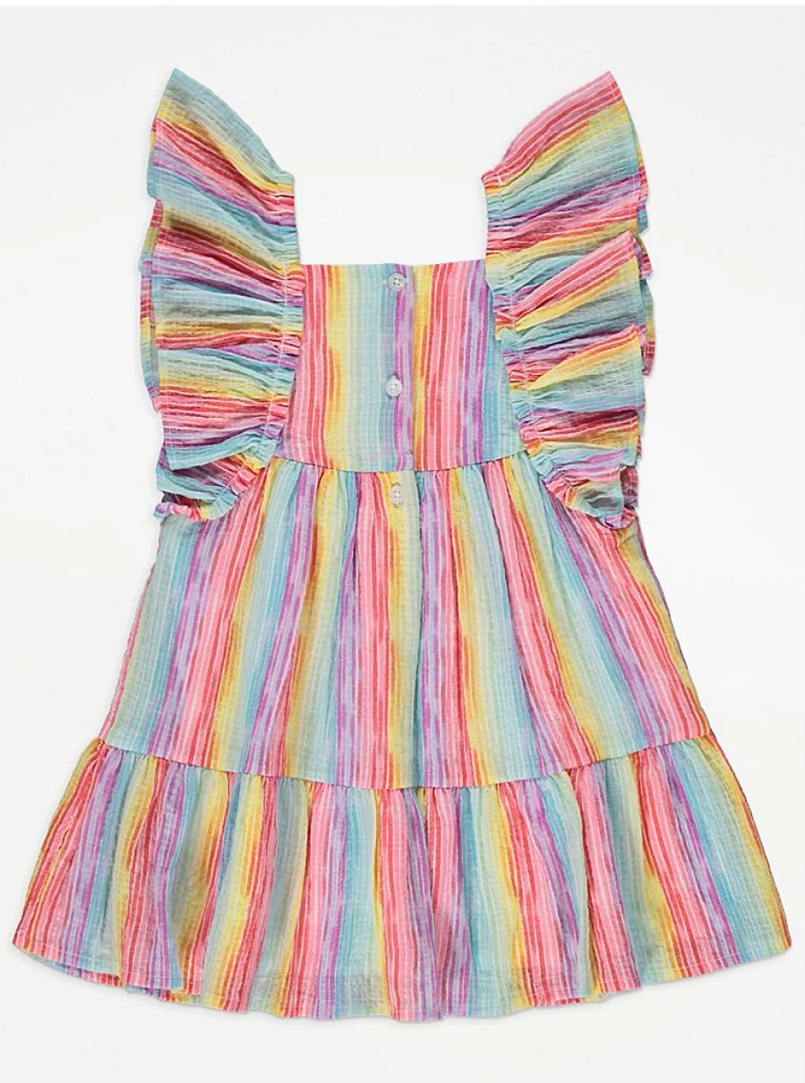 Girls' Rainbow Stripe Tiered Dress with Big Frill Sleeves | George at Asda