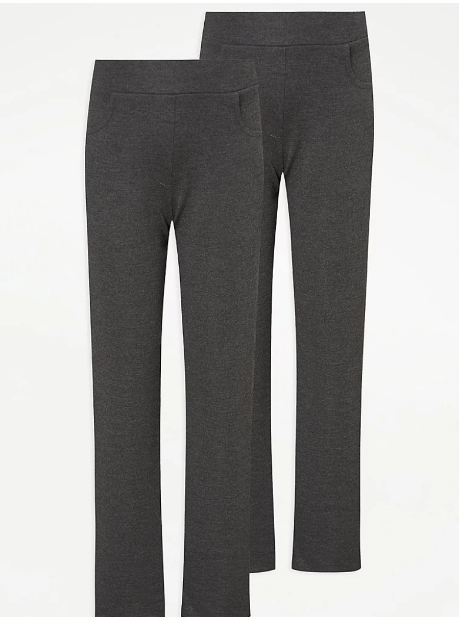 "George at Asda Girls' Grey School Trousers 2-Pack – Long Straight Leg Jersey Comfort Fit"