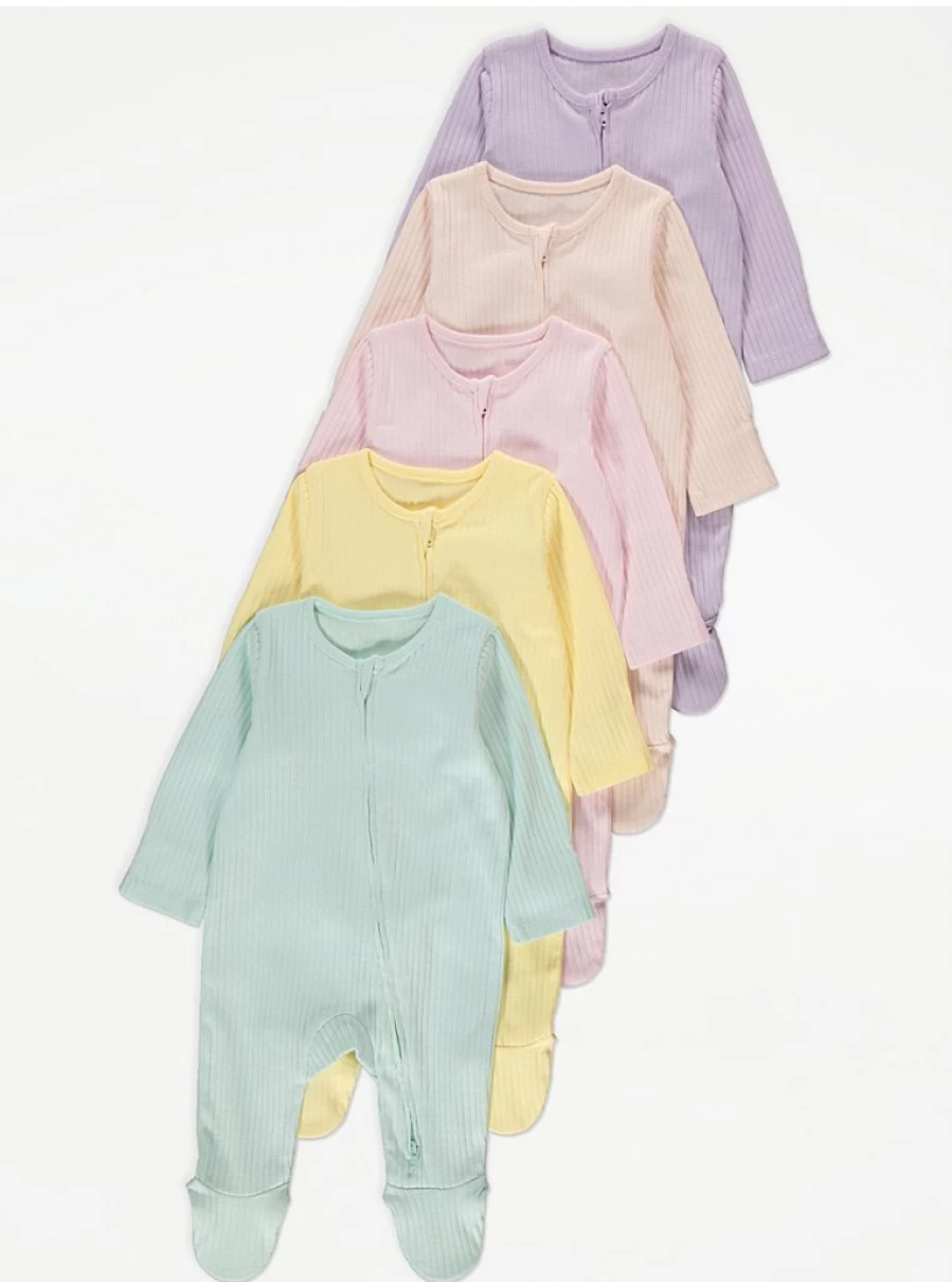 "George at Asda Baby Pastel Ribbed 2-Way Zip Sleepsuits 5-Pack | Soft Long Sleeve Pajamas"