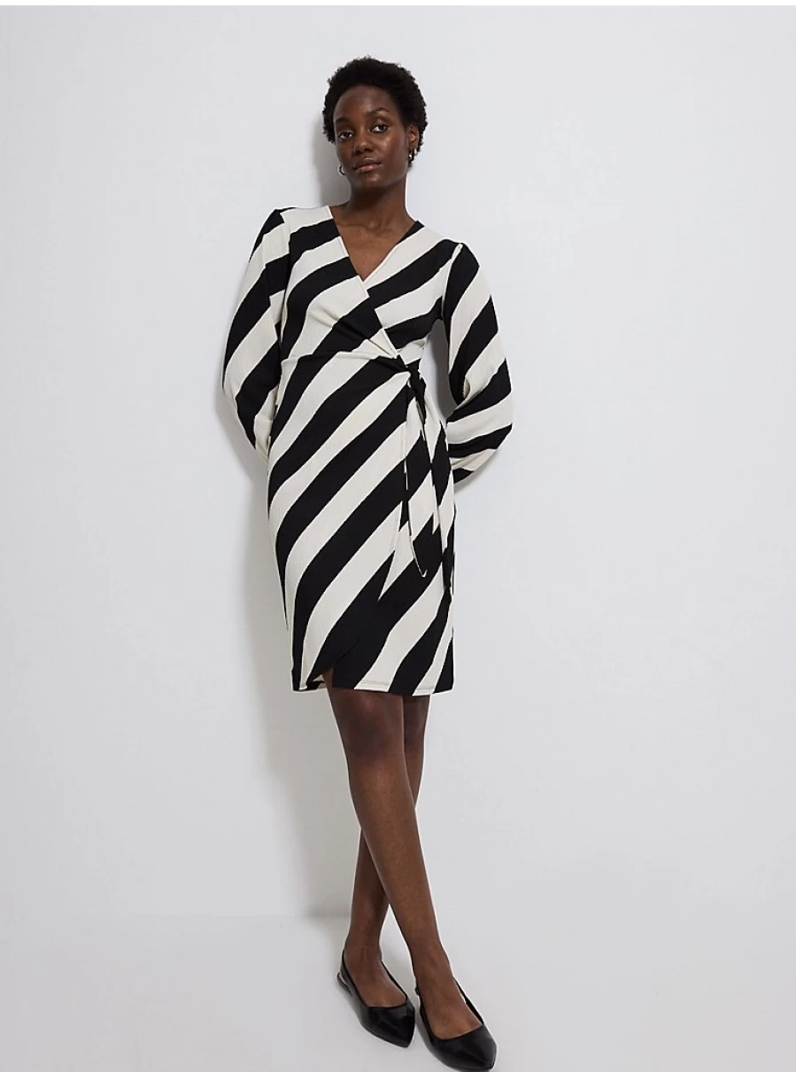 Women's Striped Wrap Midi Dress with Long Sleeves | George at Asda