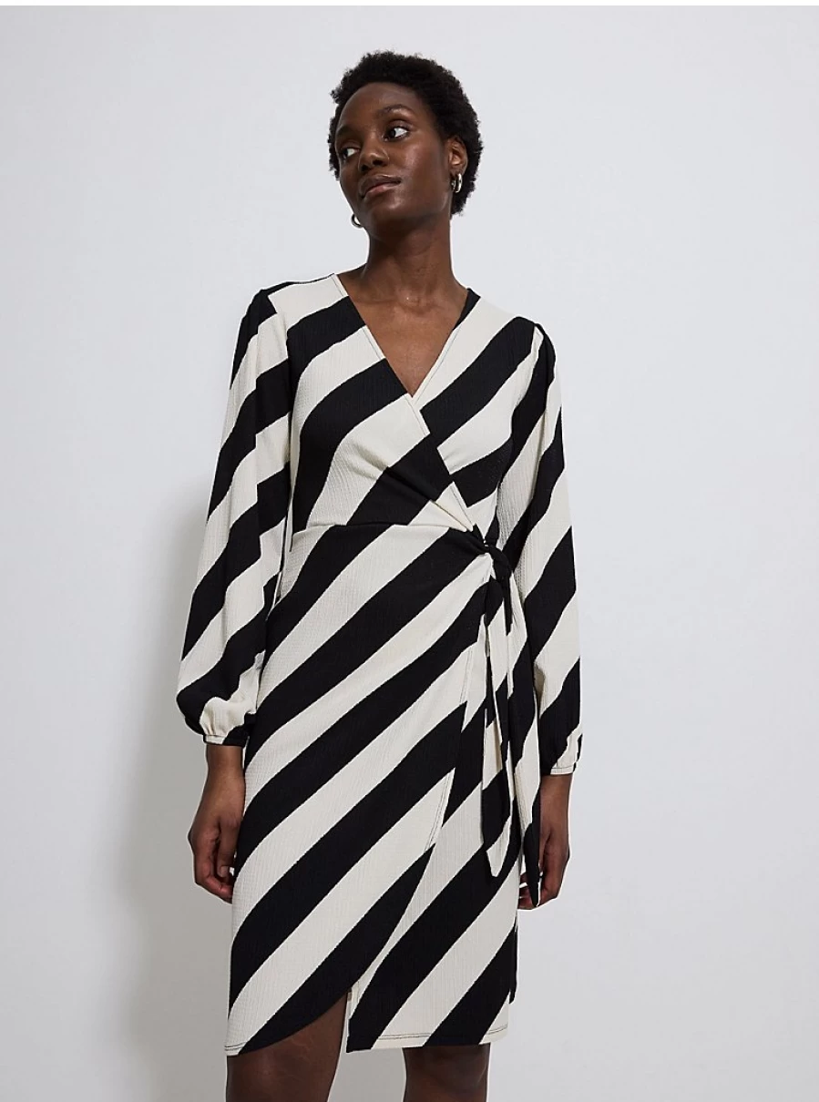 Women's Striped Wrap Midi Dress with Long Sleeves | George at Asda