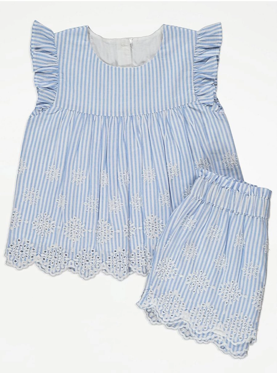 "George at Asda Girls' Blue Stripe Broderie Lace Top and Shorts Set – Cute Outfit Review"