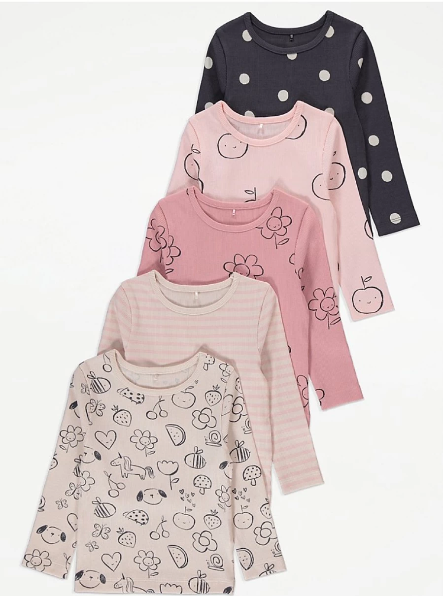 "George at Asda Girls' Fun Ribbed Long Sleeve Tops 5-Pack | Comfortable Kids T-Shirts"