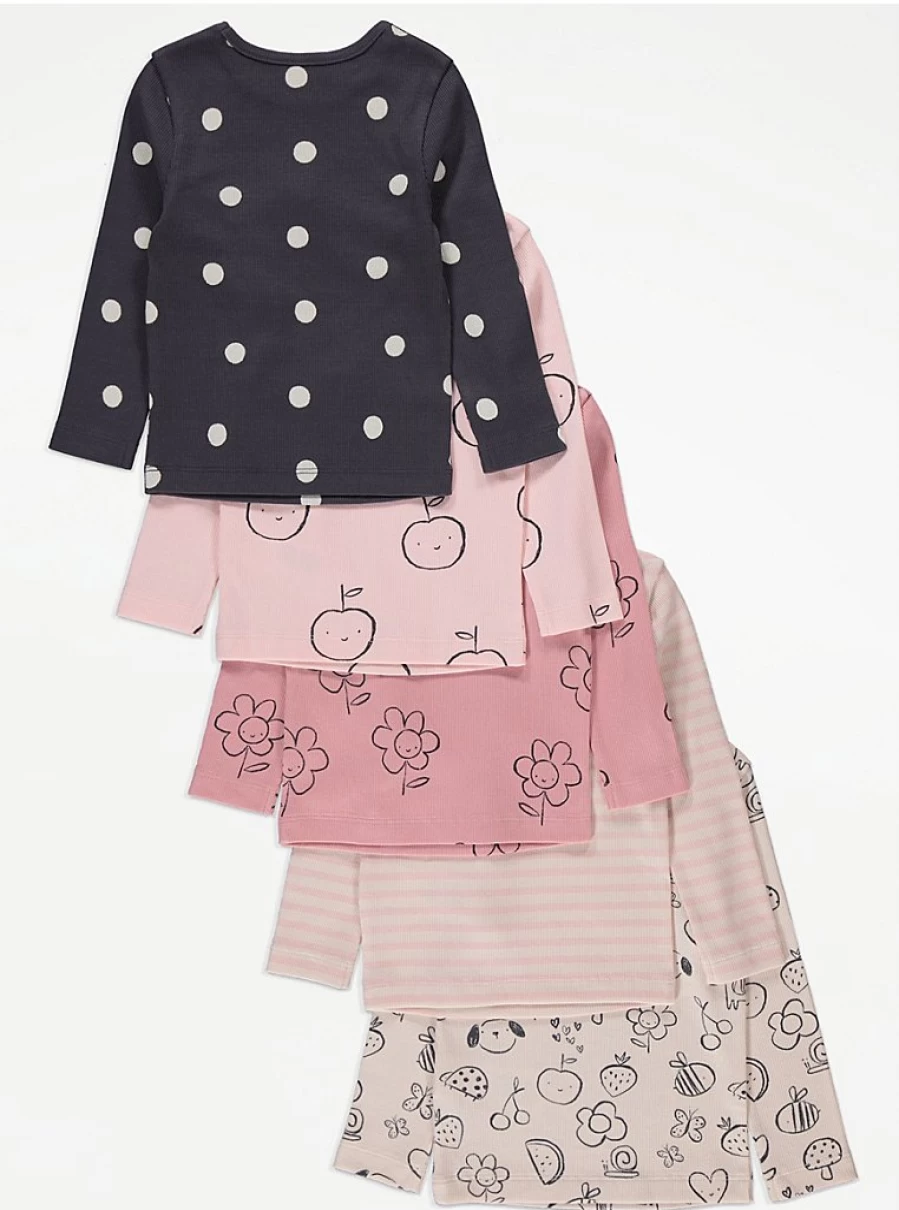 "George at Asda Girls' Fun Ribbed Long Sleeve Tops 5-Pack | Comfortable Kids T-Shirts"