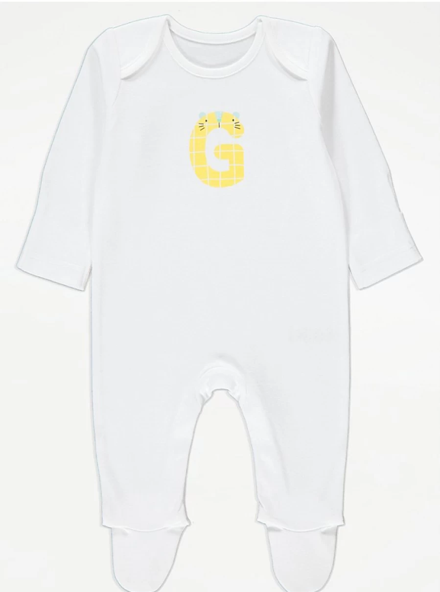 "George at Asda Baby White Animal Letter G Sleepsuit – Soft & Comfortable Sleepwear for Infants"