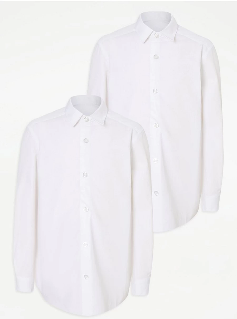 George at Asda Boys' 2 Pack White Long Sleeve School Shirts – Easy On Comfort Fit Uniform Tops