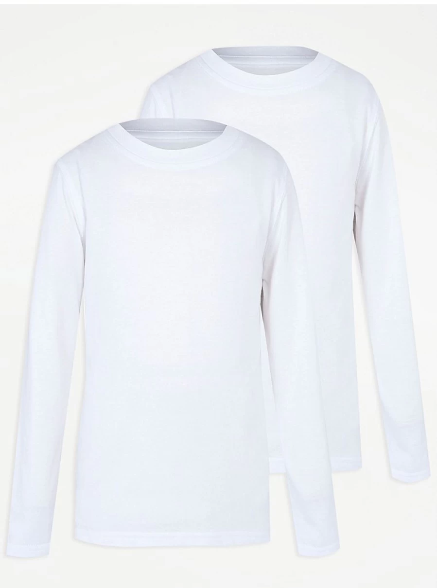 "George at Asda Boys' 2-Pack White Crew Neck Long Sleeve School T-Shirts"