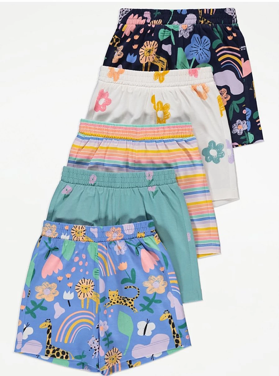 Girls' Bright Patterned Jersey Shorts 5-Pack | George at Asda | Comfort & Style for Kids