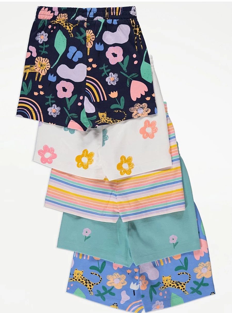 Girls' Bright Patterned Jersey Shorts 5-Pack | George at Asda | Comfort & Style for Kids