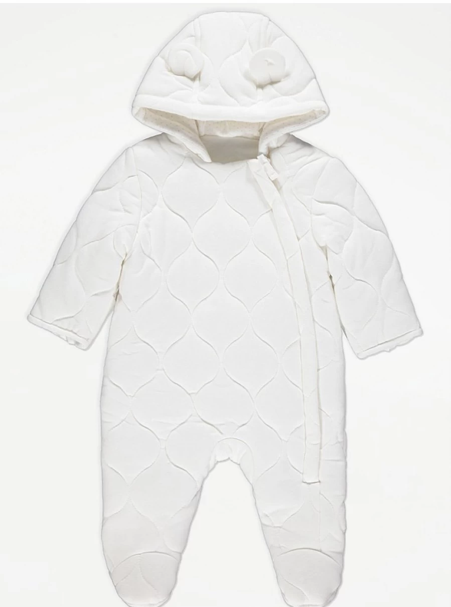"George at Asda White Quilted Pramsuit for Babies – Warm & Cozy Winter Wear"