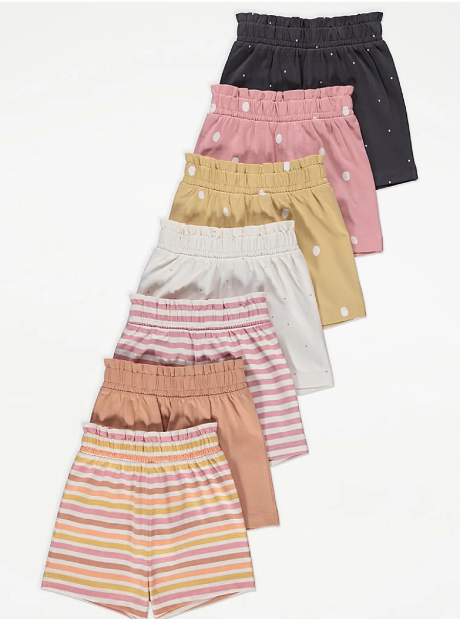 Girls' Stripe & Spot Paperbag Waist Jersey Shorts 7-Pack | George at Asda