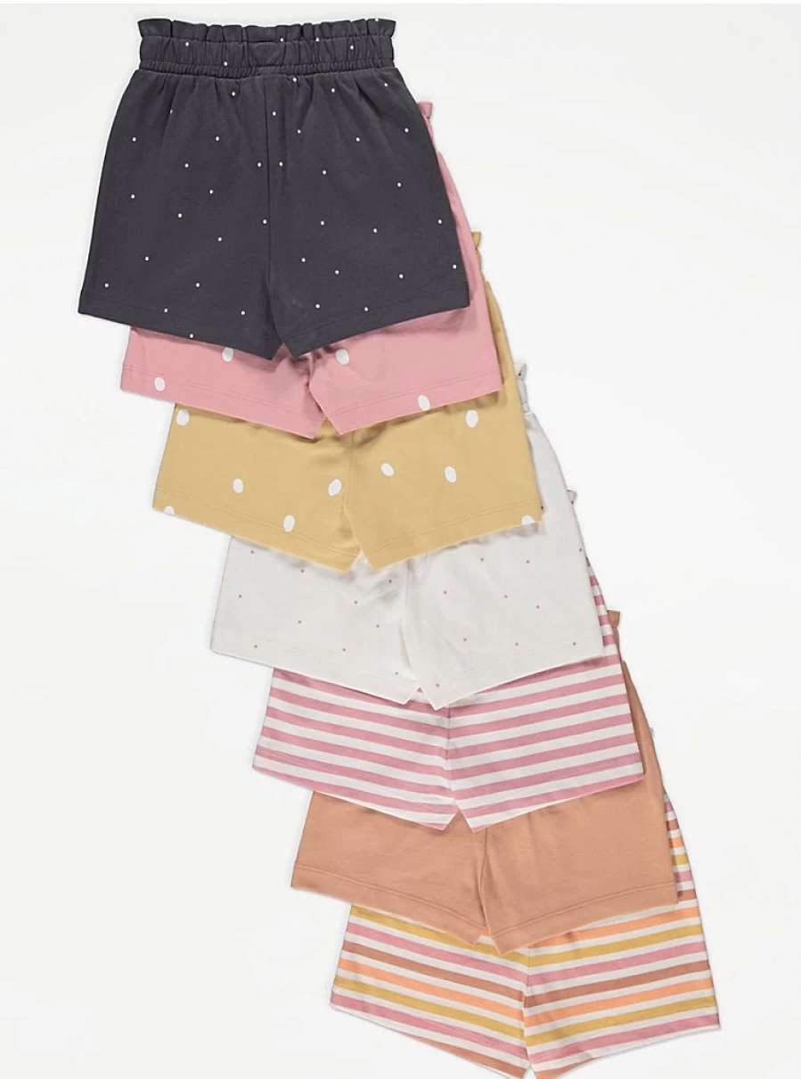 Girls' Stripe & Spot Paperbag Waist Jersey Shorts 7-Pack | George at Asda