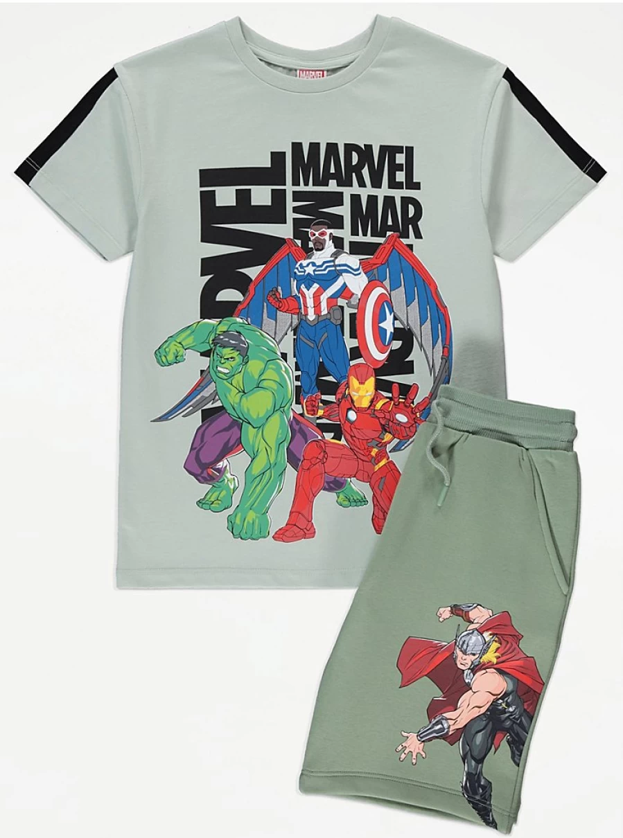 "Marvel Superheroes Boys' Sage Green T-Shirt & Shorts Set | George at Asda Kids Outfit"