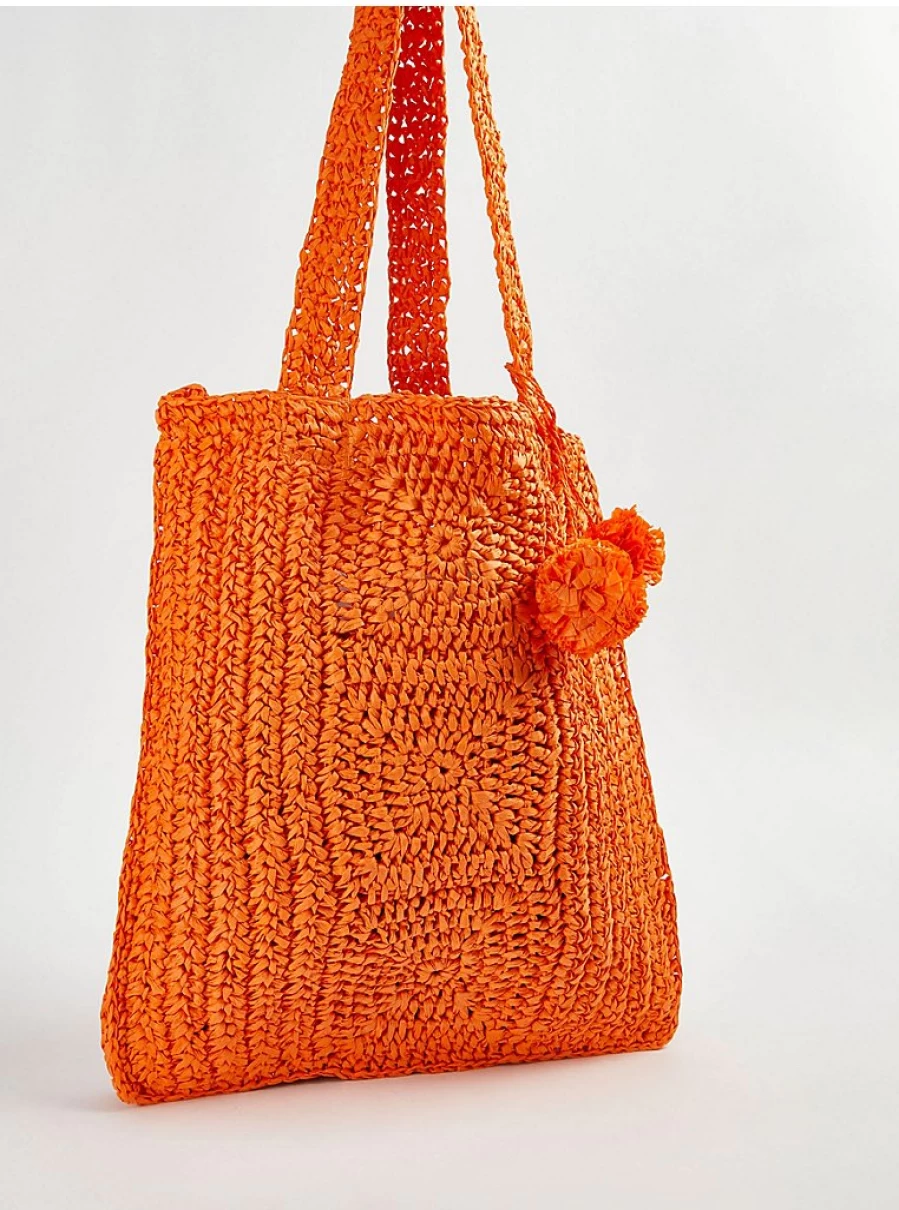 "George at Asda Women's Orange Crochet Straw Bag with Pom Pom Detail – Handmade Beach Tote Review"