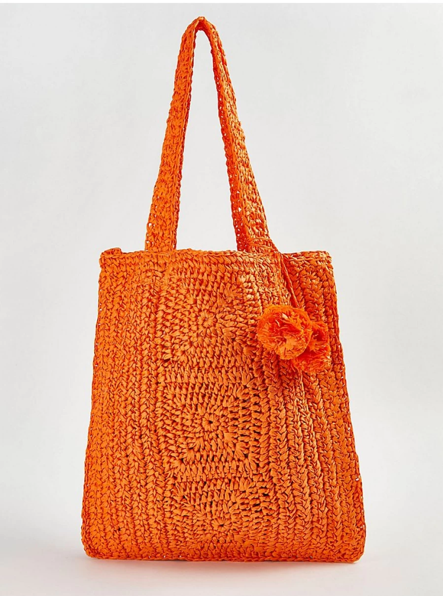 "George at Asda Women's Orange Crochet Straw Bag with Pom Pom Detail – Handmade Beach Tote Review"