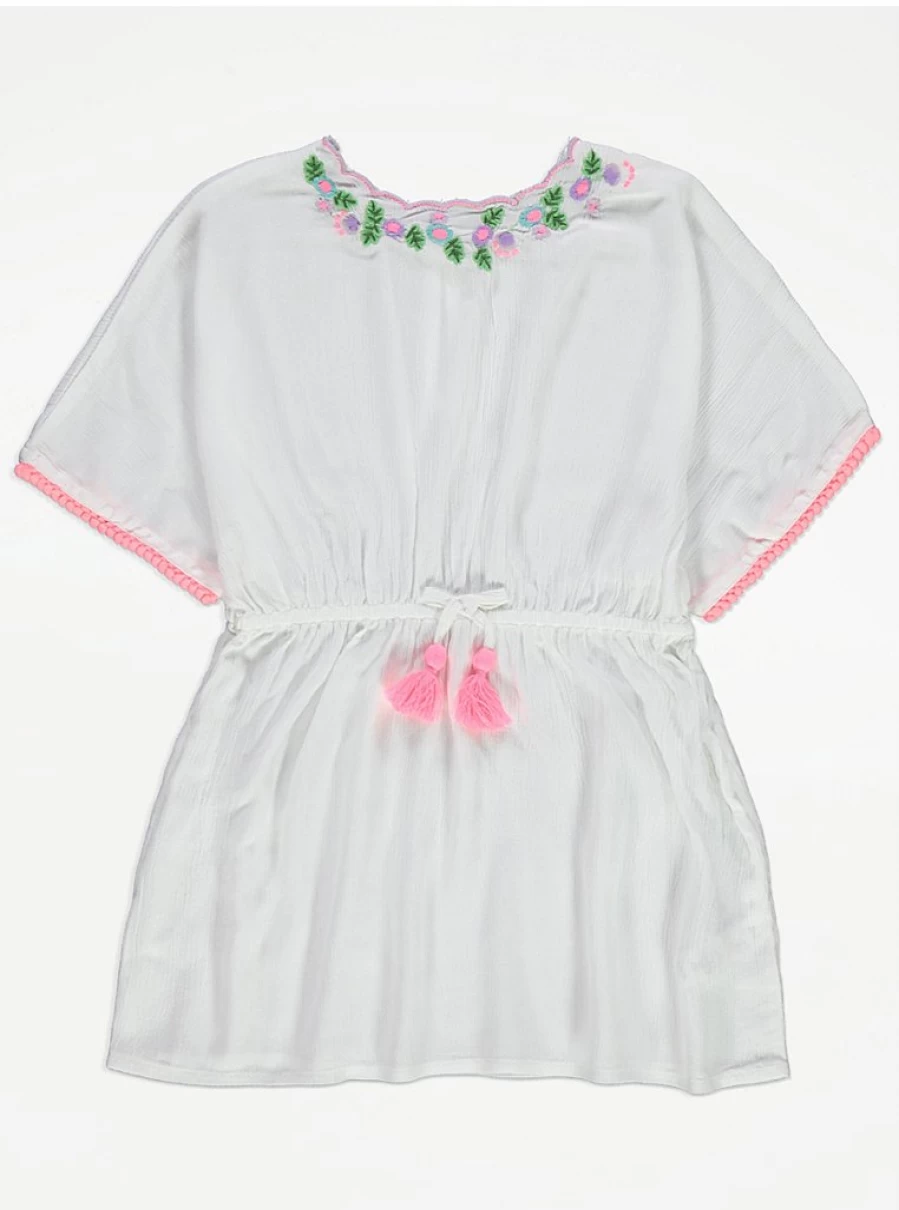 "George at Asda Girls' White Floral Embroidered Kaftan with Tassels | Kids' Summer Dress"