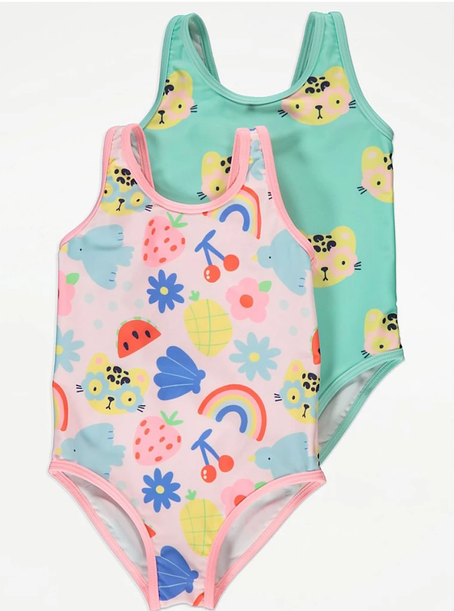 Girls' Bright Animal & Fruit Print Swimsuits 2-Pack | George at Asda