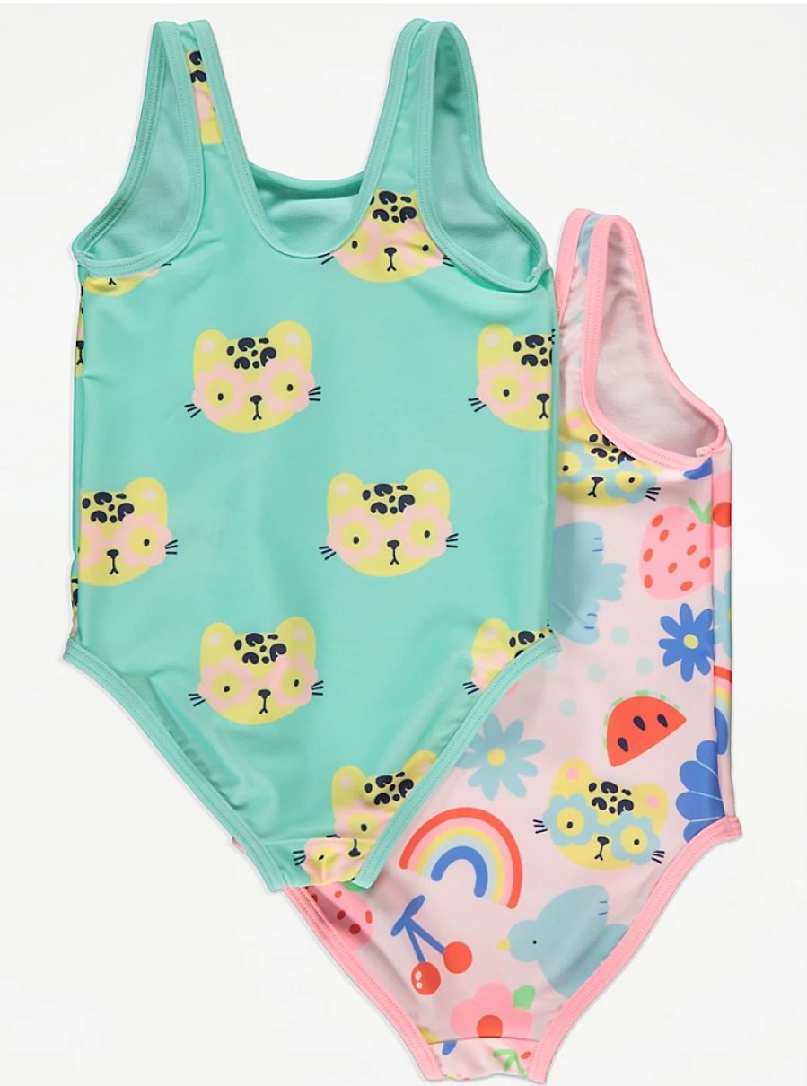 Girls' Bright Animal & Fruit Print Swimsuits 2-Pack | George at Asda