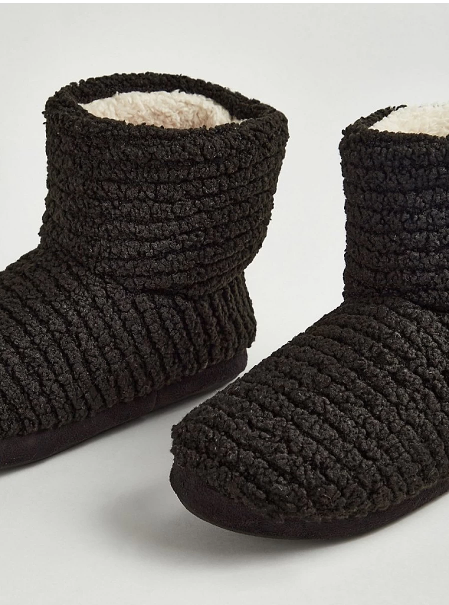 Men's Black Ribbed Borg Fleece Slipper Boots by George at Asda - Warm & Comfortable Winter Footwear