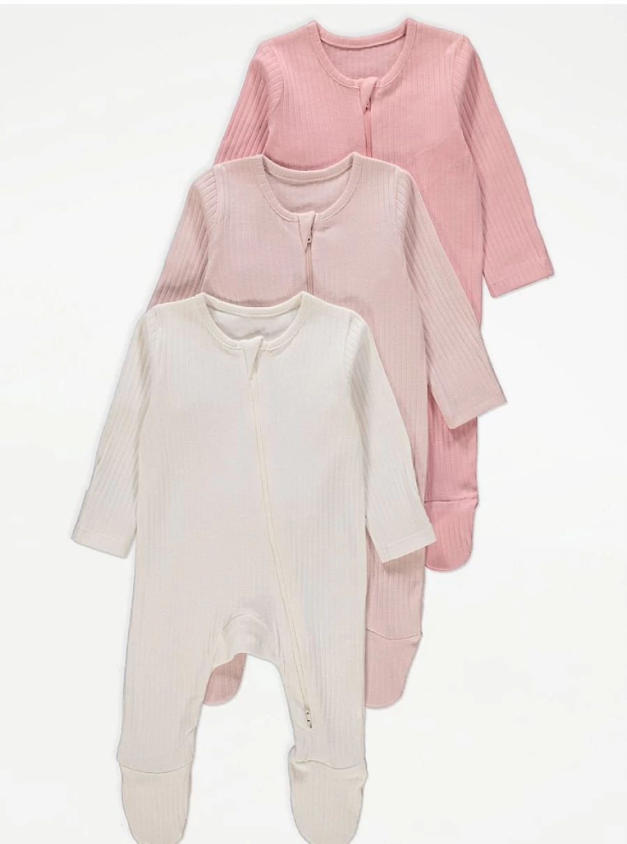 George at Asda Baby Ribbed Sleepsuits 3-Pack with 2-Way Zip – Soft Comfort for Newborns & Infants