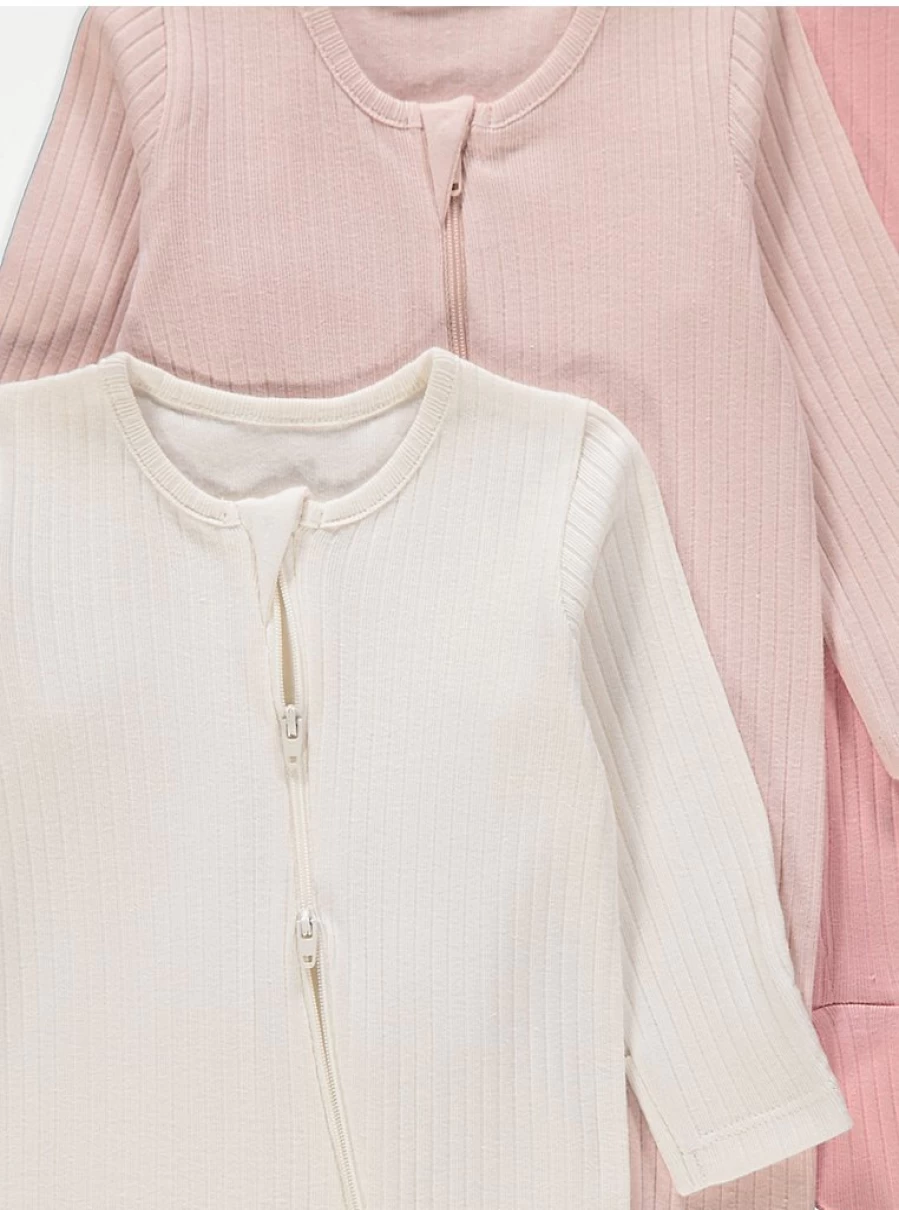 George at Asda Baby Ribbed Sleepsuits 3-Pack with 2-Way Zip – Soft Comfort for Newborns & Infants